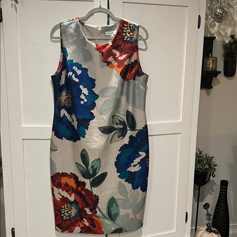 Calvin Klein Floral Sheath Dress in Blue, Red, Green on Cream